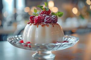 ai généré panna cotta avec framboises sur une assiette photo