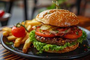 ai généré Hamburger avec du boeuf petit pâté, fromage, et des légumes sur le table photo