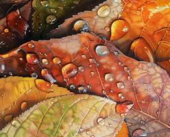 ai généré cette est une fermer photo de chevauchement l'automne feuilles avec gouttelettes de l'eau sur eux, mettant en valeur riches couleurs et complexe veine motifs