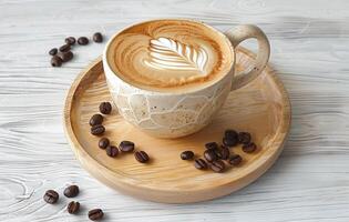 ai généré une de haut en bas vue de une tasse de latté avec artistique mousse, entouré par café des haricots sur une en bois plateau et blanc texturé surface photo