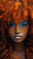 ai généré femme avec Orange cheveux et bleu maquillage photo