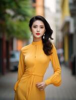 ai généré femme dans Jaune robe posant en plein air photo