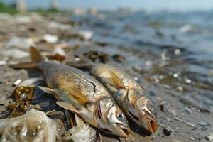 ai généré environnement impact industriel activité, pétrole Eaux usées est effusion sur plage, mort des poissons sur rive photo