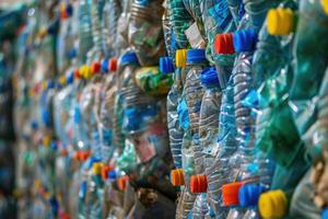 ai généré empiler de Plastique bouteilles à déchets des ordures recyclage plante. secondaire matériaux. tri poubelle photo