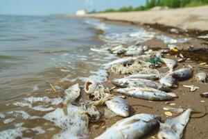 ai généré environnement impact industriel activité, pétrole Eaux usées est effusion sur plage, mort des poissons sur rive photo