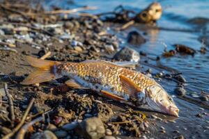 ai généré environnement impact industriel activité, pétrole Eaux usées est effusion sur plage, mort des poissons sur rive photo