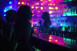 ai généré Jeune gens ayant amusement à une anniversaire fête avec cocktails, fête nuit, vif bar lumières photo