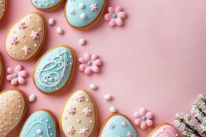 ai généré Pâques glacé biscuits dans Oeuf formes et lapin formes, de fête Pâques dessert, espace pour texte photo