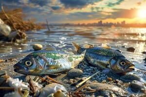ai généré environnement impact industriel activité, pétrole Eaux usées est effusion sur plage, mort des poissons sur rive photo