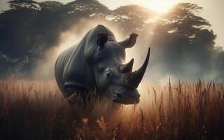 ai généré rhinocéros dans le forêt. gros animal dans le sauvage la nature photo