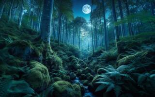 ai généré plein lune dans le dense forêt à nuit. photo