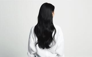 ai généré noir cheveux, cheveux modèle, longue cheveux, blanc Contexte photo