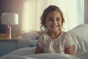 ai généré une Jeune fille est séance sur une lit avec une sourire sur sa affronter. elle est portant une rose chemise et a sa cheveux dans une chignon. le pièce est bien éclairé et a une confortable atmosphère photo