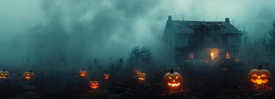 ai généré Halloween mystère dévoilé, une sinistre, rempli de brouillard scène avec sinistre citrouilles-lanternes et une hanté silhouette de une hanté loger, parfait pour une à glacer le sang nuit. photo