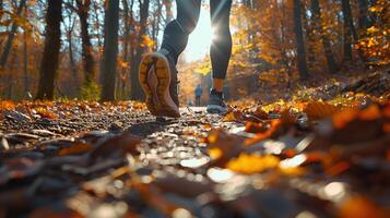 ai généré le jogging par la nature chemin, une scénique Piste dans le forêt des offres le parfait réglage pour un Extérieur exercice routine, valoriser physique et mental santé. photo