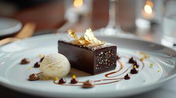 ai généré Chocolat fondant avec artisanal vanille haricot la glace crème et comestible or feuille, une chef-d'oeuvre de gourmet dessert talent artistique. photo