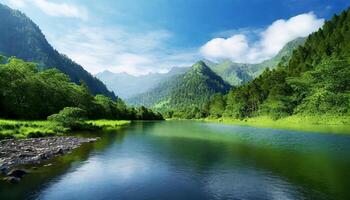 ai généré vue de montagnes et vert des arbres à côté de le rivière en dessous de bleu ciel pendant à jour photo