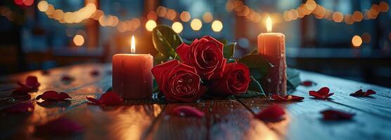 ai généré valentines journée spécial, un intime a la chandelle dîner au milieu de des roses et en forme de coeur décorations pour une romantique soir avec votre aimé un. photo