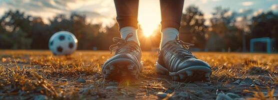 ai généré intense concentrer sur Football joueurs pieds et chaussures, mettant en valeur compétence et précision sur le herbe champ avec espace pour texte dans après midi lumière du soleil. photo