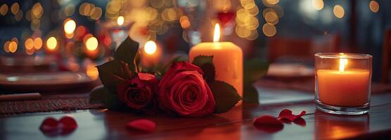 ai généré valentines journée spécial, un intime a la chandelle dîner au milieu de des roses et en forme de coeur décorations pour une romantique soir avec votre aimé un. photo