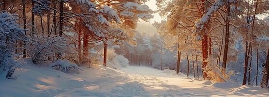 ai généré hiver pays des merveilles dévoilé, couvert de neige des arbres et une serein forêt paysage émerger, offre une paisible échapper dans une glacial, tranquille monde. photo