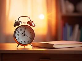 ai généré une ancien alarme l'horloge est assis sur une en bois bureau à côté de un ouvert livre, baigné dans le chaud lueur de une le coucher du soleil. photo