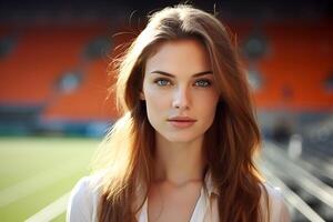 ai généré une femme avec longue rouge cheveux et bleu yeux est permanent dans de face de une stade. elle est portant une blanc chemise et elle est posant pour une photo. photo