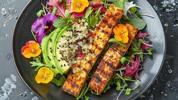 ai généré plante basé plaisir, vibrant quinoa et Avocat salade garni avec comestible fleurs, jumelé avec tempeh et anacardier fromage pour durable alimentaire. photo
