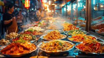 ai généré goût de Asie à le nuit marché, vibrant scène avec diverse asiatique rue nourriture de éco-responsable vendeurs, soulignant traditionnel et moderne les saveurs. photo