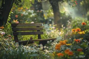 ai généré enchanté jardin banc à lever du soleil photo