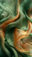 ai généré vert et Orange iridescent lumière soie en tissu Contexte photo