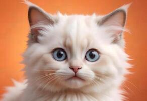 ai généré une magnifique Jeune de race ragdoll chaton est assis sur un Orange Contexte. photo