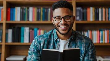 ai généré une souriant homme dans des lunettes est en train de lire une livre photo