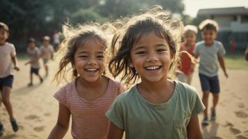 ai généré deux Jeune les filles sont souriant et fonctionnement dans une champ photo