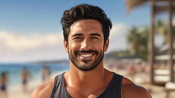 ai généré une homme avec une barbe et une réservoir Haut sur le plage photo