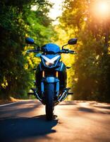 ai généré motocycliste équitation une moto sur une pays route à le coucher du soleil. ai génératif photo