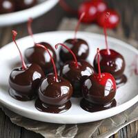 ai généré photo de Chocolat couvert Marasquin cerises sur une blanc assiette