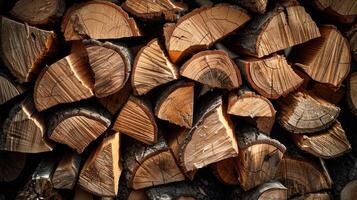 ai généré fermer de empilés bois de chauffage montrant détaillé en bois textures photo