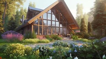 ai généré une en bois chalet avec une vert pelouse. chalet avec panoramique les fenêtres photo