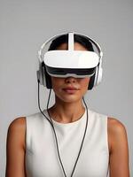 ai généré Jeune femme portant mixte réalité casque, vr virtuel réalité futuriste La technologie concept, gens et mode de vie, isolé sur blanc Contexte photo