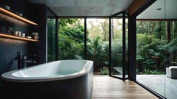 ai généré moderne salle de bains avec luxe spa bien-être baignoire construit dans la nature et forêt, architecture Contexte photo