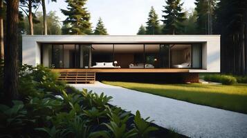 ai généré moderne architecture, capsule style maison avec nager bassin concept construit dans la nature et forêt, arrière-plan, fond d'écran photo