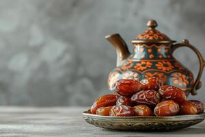 ai généré Date des fruits ou Kurma dans ancien arabe plat et cruche de l'eau à gris béton Contexte photo