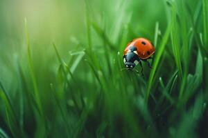 ai généré une coccinelle rampant le long de le vert herbe. Contexte est flou. une magnifique insecte photo