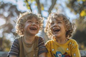 ai généré joyeux les enfants en riant en plein air photo