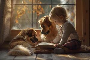 ai généré enfant lit à attentif chiens photo