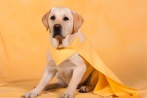 ai généré chien intelligent yeux en regardant. incroyable chien portrait sur Jaune Contexte. mignonne animal de compagnie affronter. neural réseau ai généré photo