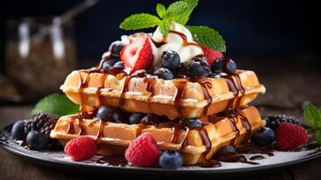 ai généré assiette de Belge gaufres avec la glace crème, caramel sauce et Frais baies. neural réseau ai généré photo