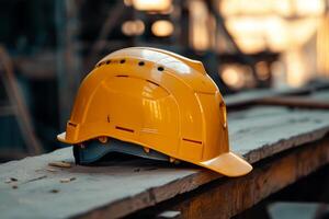 ai généré construction casque est une symbole de sécurité dans le lieu de travail. ensemble de outils. sécurité concept sélectif se concentrer. DIY photo