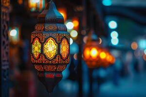 ai généré décoratif lanternes lumière en haut à nuit. musulman vacances Ramadan kareem de fête flou Contexte photo